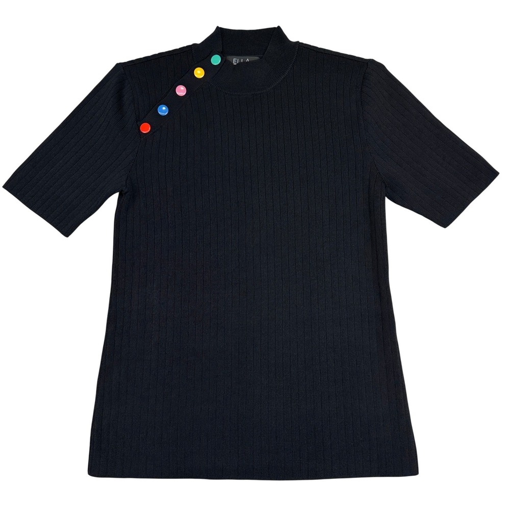 Ella Rafaella Ribbed‎ Knit Top Mock Neck Button Black Women's  size M